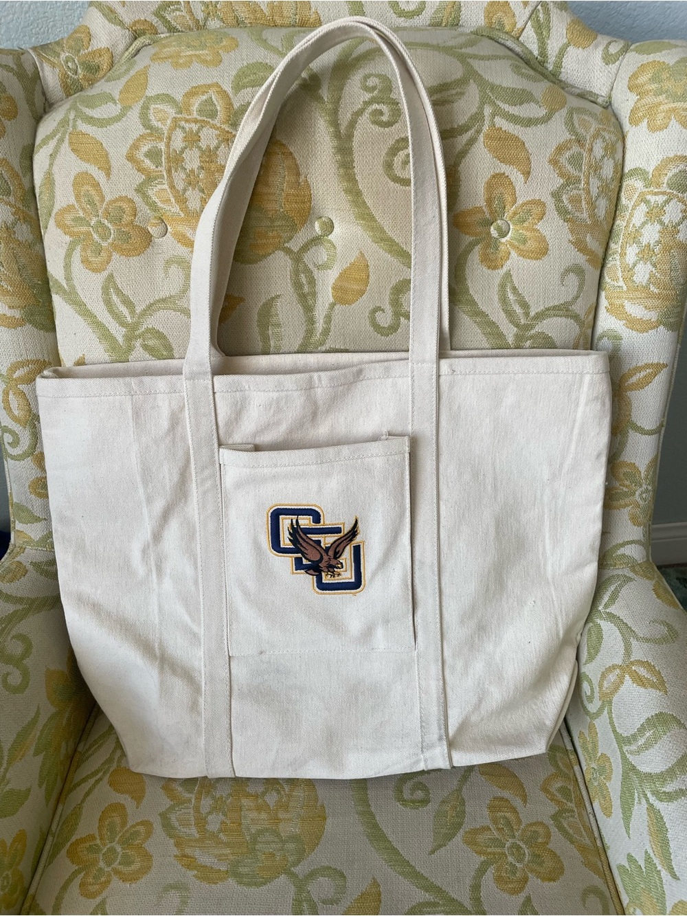 Vintage Canvas Tote with Embroidered Eagle Mascot